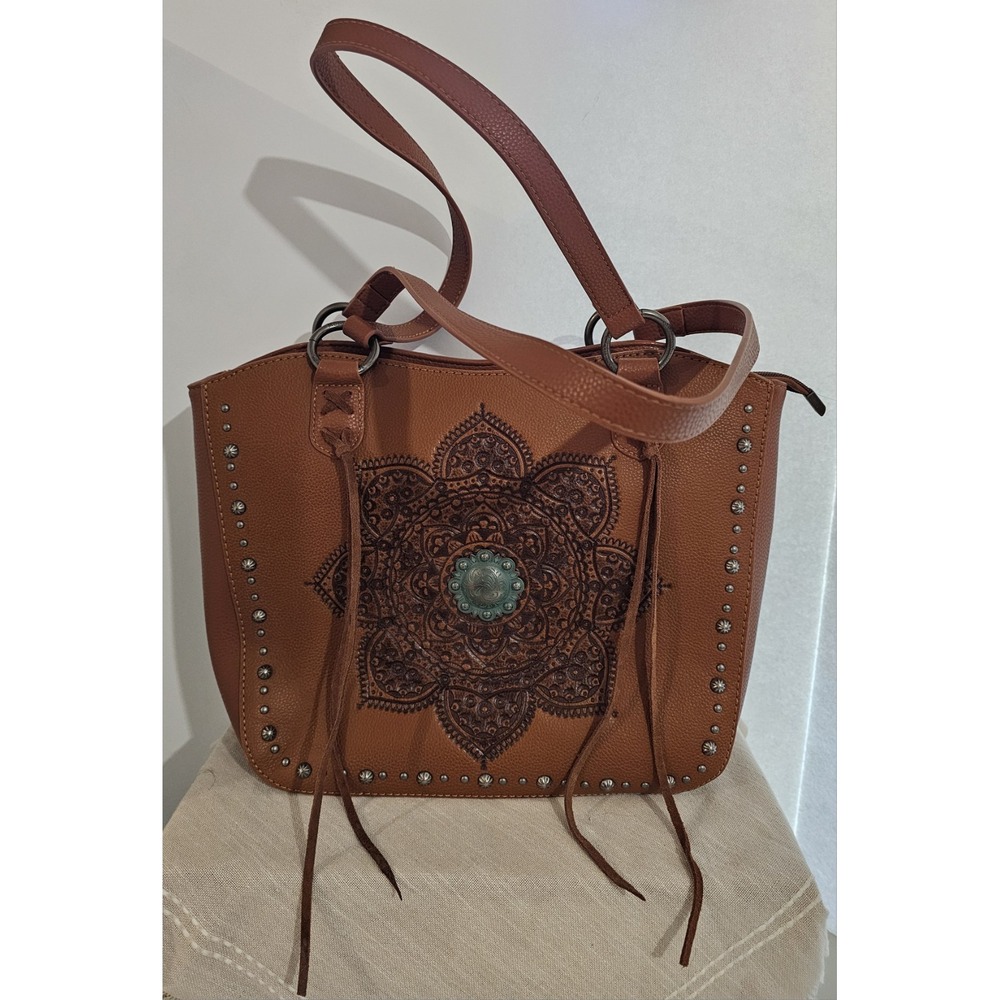Montana West Brown Studded Floral Medallion Shoulder Bag